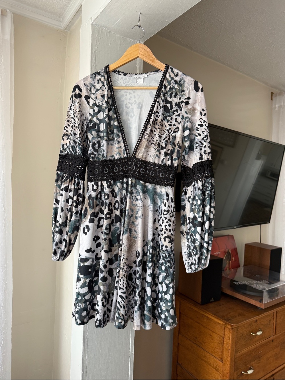 VENUS Animal Print Lace Trim Mini Dress Size Small